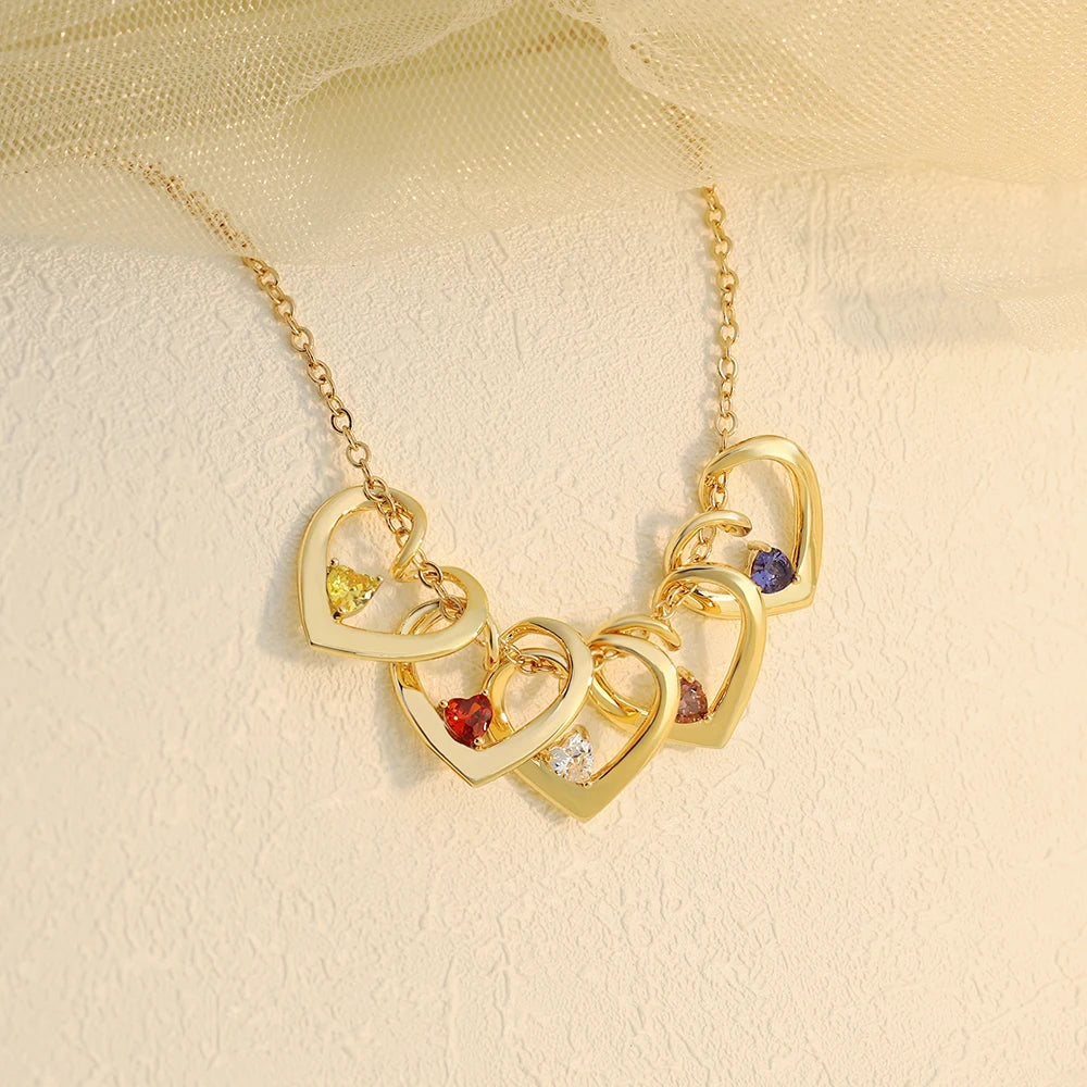 Family Heart Birthstone Necklace with Engraved Names – Handmade Mother & Grandmother Jewelry, Push Present, Anniversary or Birthday Gift