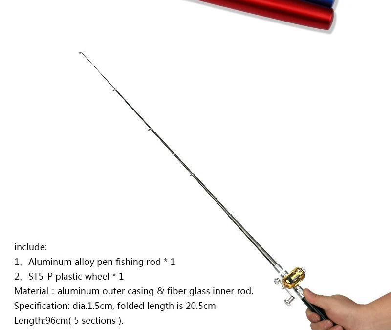 1pc Mini Portable Aluminum Alloy Pocket Pen Shape Fish Fishing Rod Pole with Fishing Reel