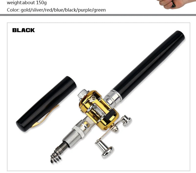 1pc Mini Portable Aluminum Alloy Pocket Pen Shape Fish Fishing Rod Pole with Fishing Reel