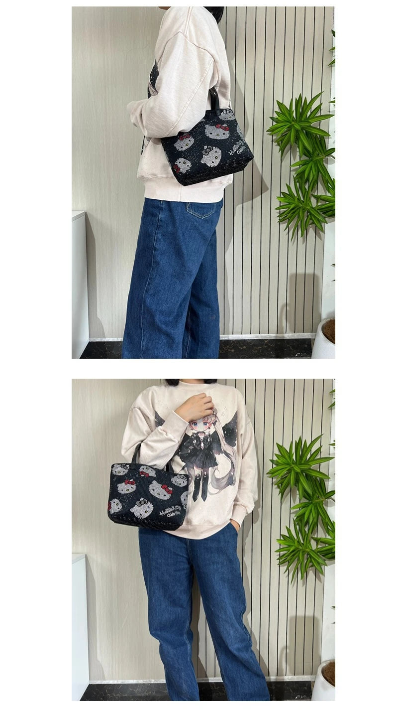 Sanrio Hello Kitty New Diamond Women's Handbag Luxury Brand Fashion Women's Shoulder Messenger Bag Cartoon Cute Women's Bag