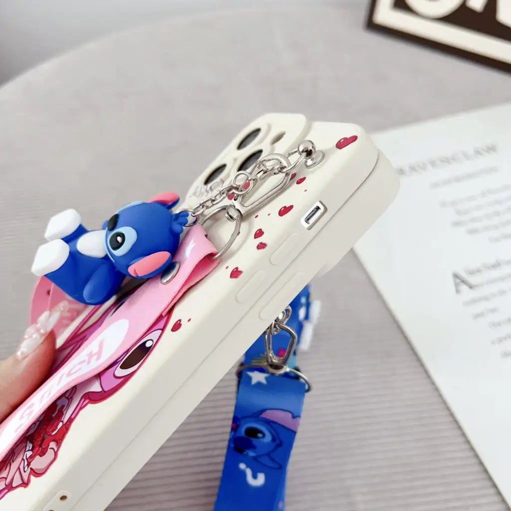 Flowers Stitch Case With Holder Rope For iPhone 6 6s 7 8 SE X Xs Max XR 11 12 13 14 15 16 Pro Max