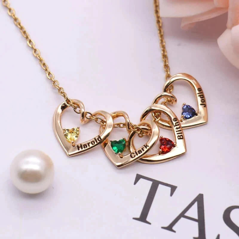 Family Heart Birthstone Necklace with Engraved Names – Handmade Mother & Grandmother Jewelry, Push Present, Anniversary or Birthday Gift