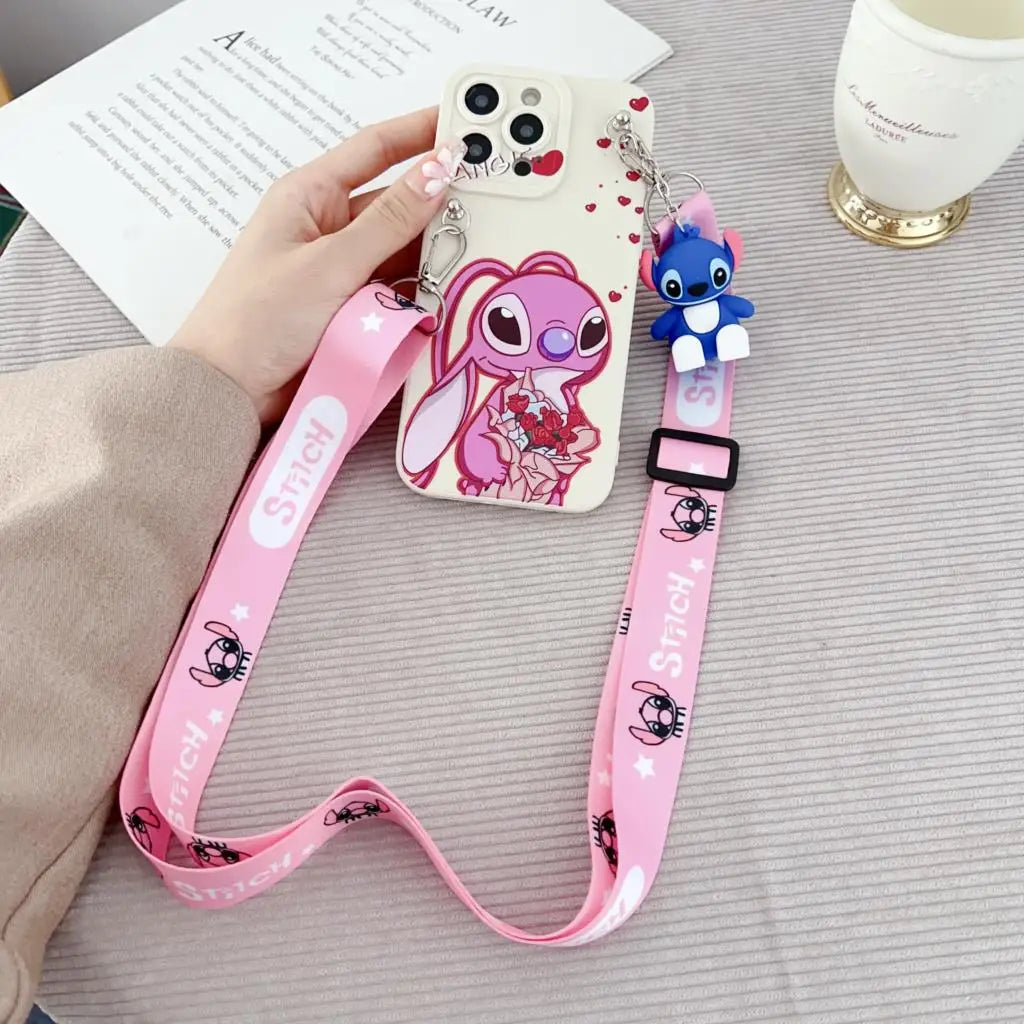 Flowers Stitch Case With Holder Rope For iPhone 6 6s 7 8 SE X Xs Max XR 11 12 13 14 15 16 Pro Max